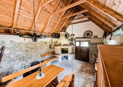 Stone tavern with a dining table and fireplace